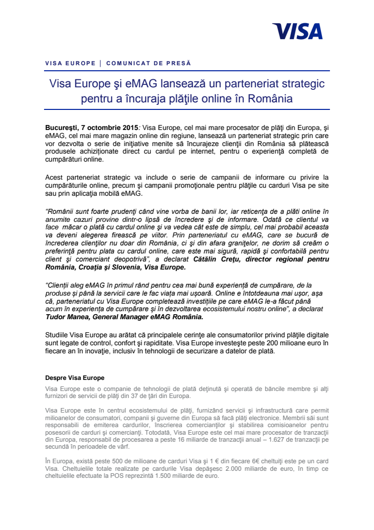 Visa Europe şi eMAG lansează un parteneriat strategic pentru a încuraja plăţile online în România
