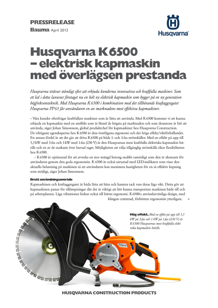 Bauma: Husqvarna K 6500 – elektrisk kapmaskin med överlägsen prestanda