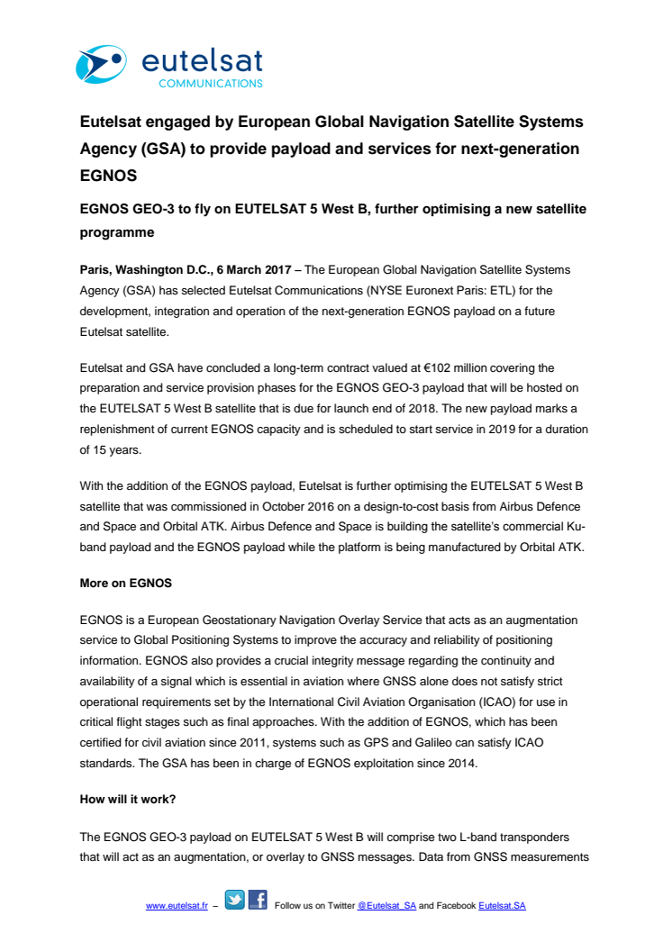 Eutelsat engaged by European Global Navigation Satellite Systems Agency (GSA) to provide payload and services for next-generation EGNOS