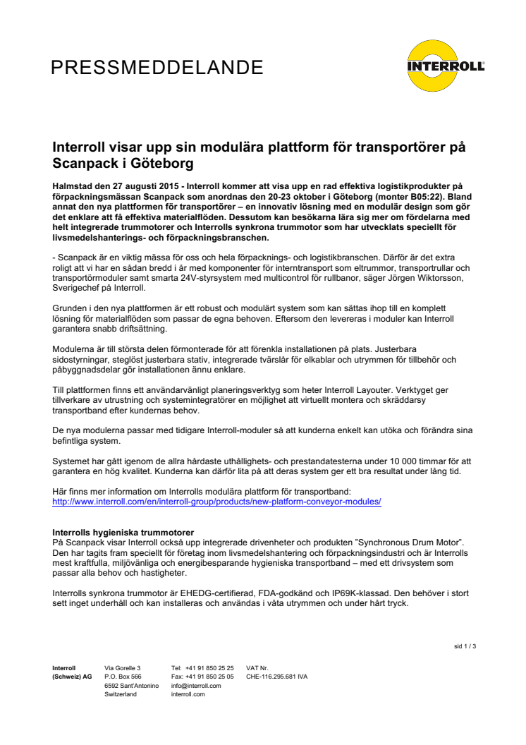​Interroll visar upp sin modulära plattform för transportörer på Scanpack i Göteborg