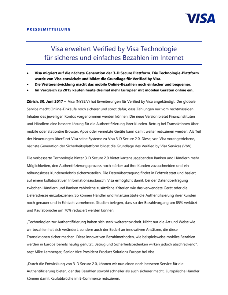 Visa erweitert Verified by Visa Technologie  für sicheres und einfaches Bezahlen im Internet