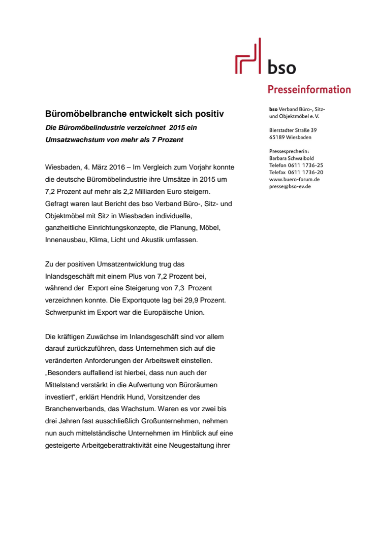 Büromöbelbranche entwickelt sich positiv – Die Büromöbelindustrie verzeichnet 2015 ein Umsatzwachstum von mehr als 7 Prozent