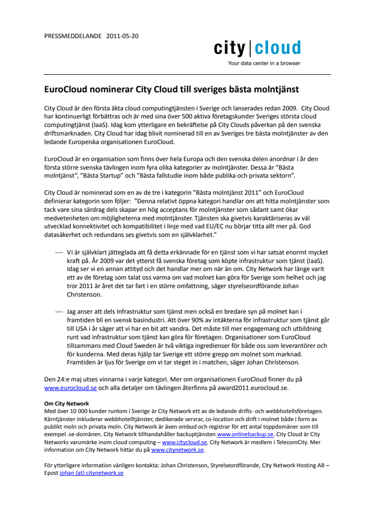 EuroCloud nominerar City Cloud till sveriges bästa molntjänst