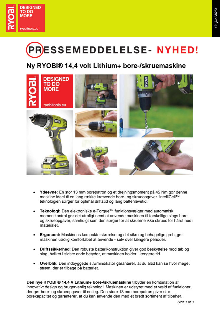 Ny RYOBI® 14,4 volt Lithium+ bore-/skruemaskine