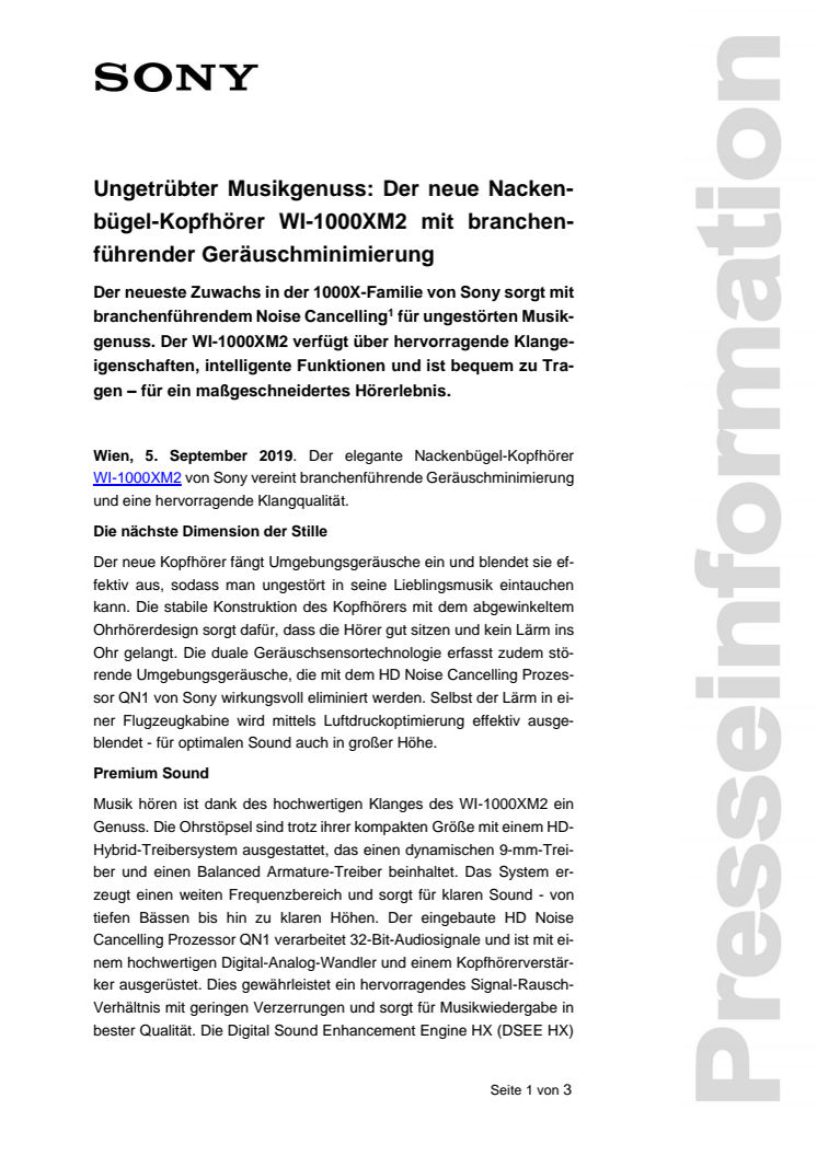 Ungetrübter Musikgenuss: Der neue Nackenbügel-Kopfhörer WI-1000XM2 mit branchenführender Geräuschminimierung  