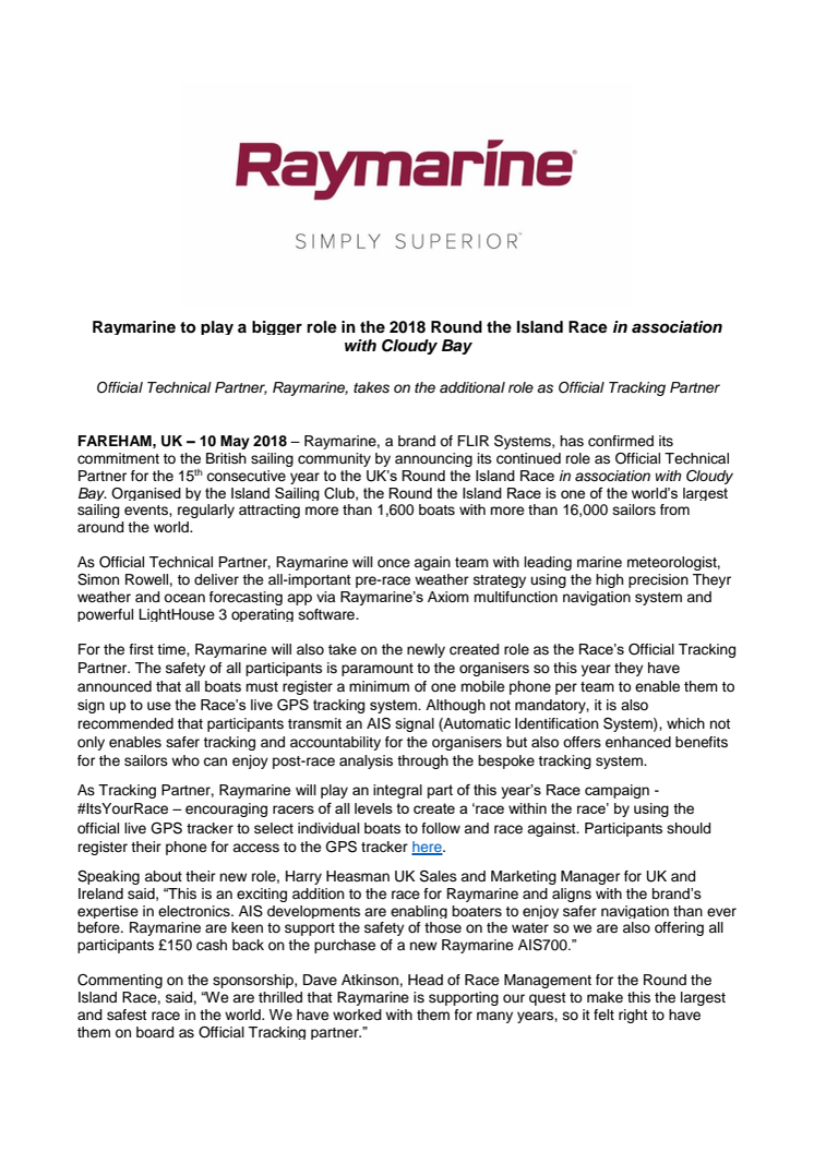 Raymarine: Raymarine to play a bigger role in the 2018 Round the Island Race in association with Cloudy Bay