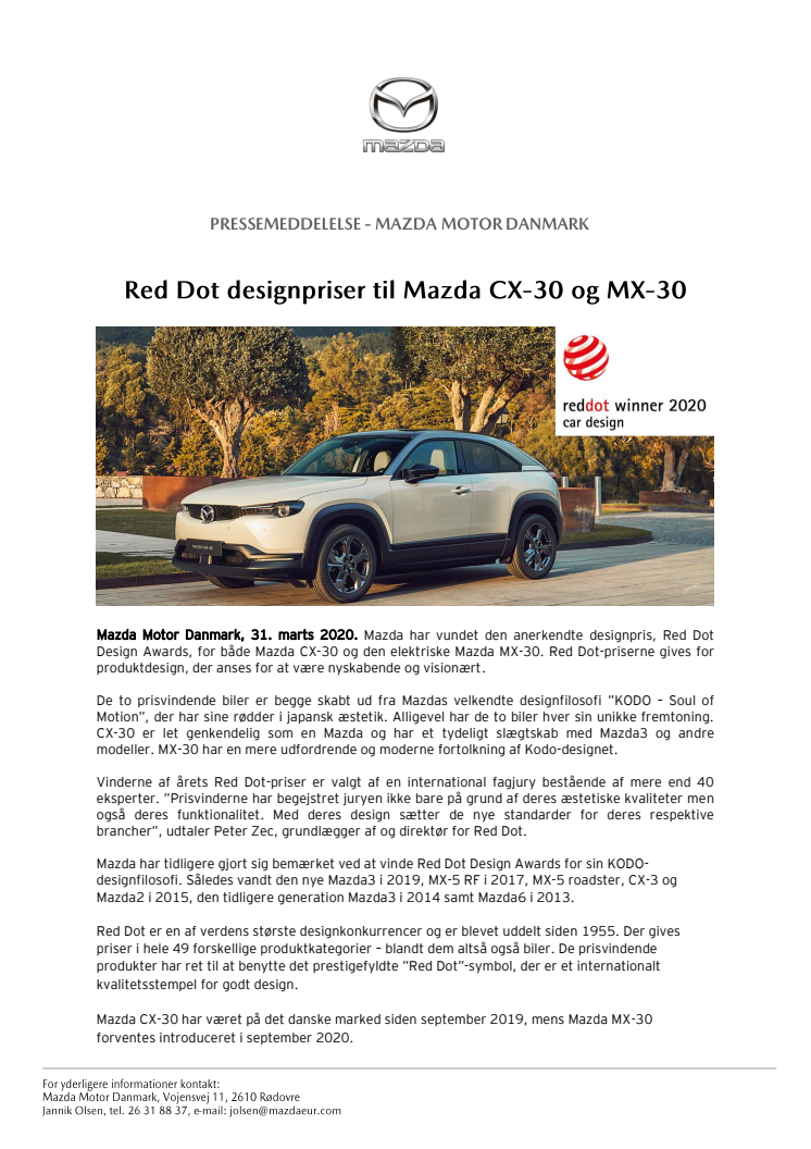Red Dot designpriser til Mazda CX-30 og MX-30