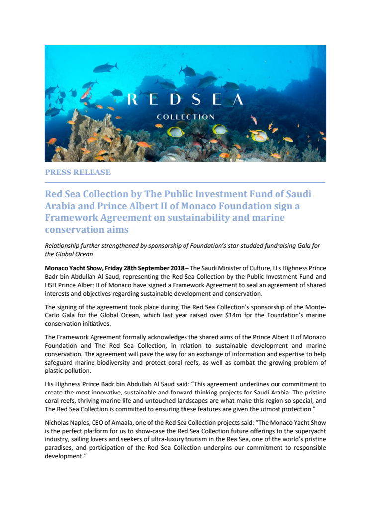 Red Sea Collection - Monaco Yacht Show: Red Sea Collection by The Public Investment Fund of The Kingdom of Saudi Arabia and Prince Albert II of Monaco Foundation sign a Framework Agreement on shared sustainability and marine conservation aims