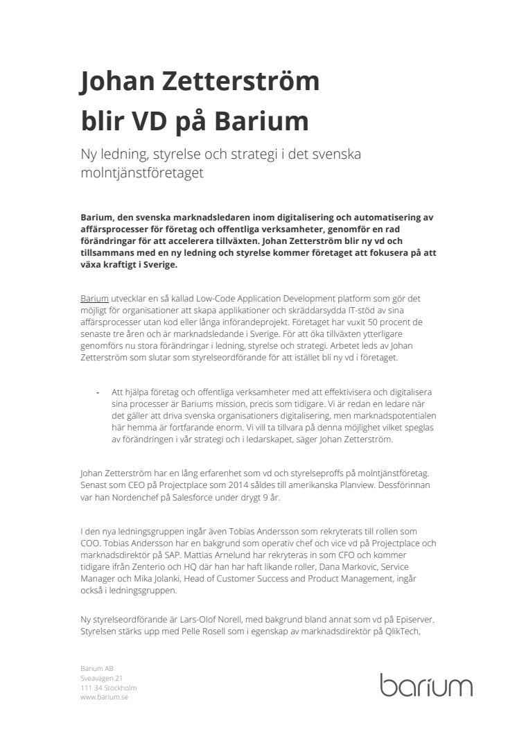 Johan Zetterström blir vd  på Barium  – ny ledning, styrelse och strategi i det svenska molntjänstföretaget