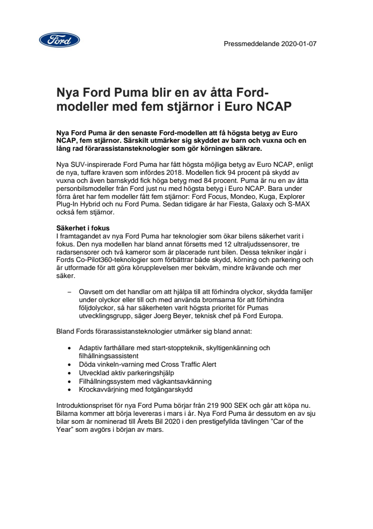 Nya Ford Puma blir en av åtta Ford-modeller med fem stjärnor i Euro NCAP