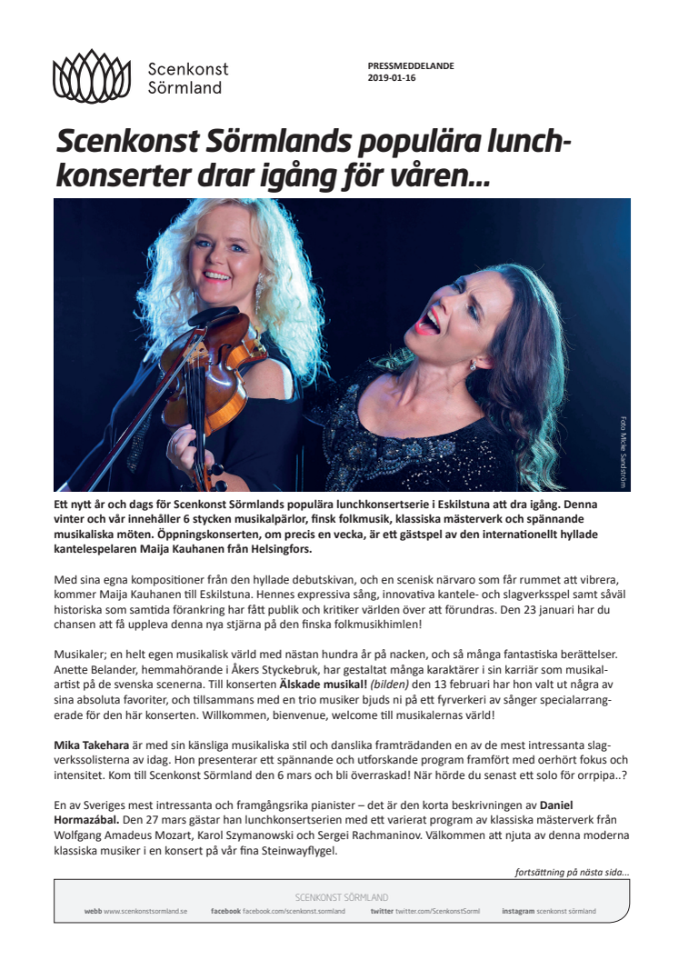 Scenkonst Sörmlands populära lunchkonserter drar igång för våren