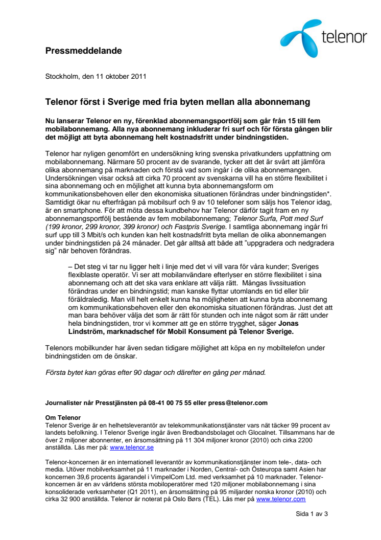 Telenor först i Sverige med fria byten mellan alla abonnemang
