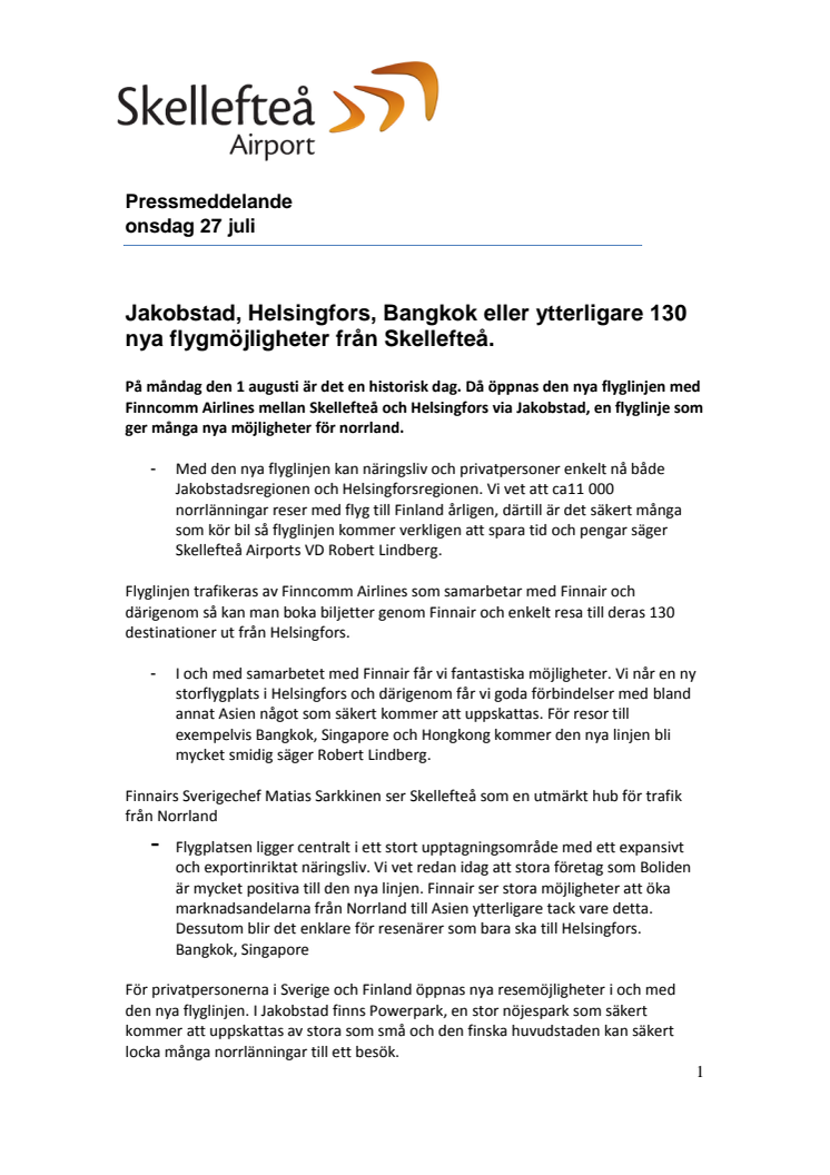 Helsingfors, Jakobstad, Bangkok eller ytterligare 130 nya flygmöjligheter från Skellefteå.