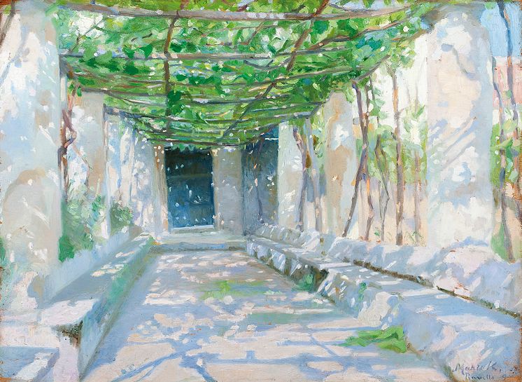 Marie Krøyer, Solbelyst pergola från Ravello, 1890. Olja på trä, 28, 5 x 40 cm. 