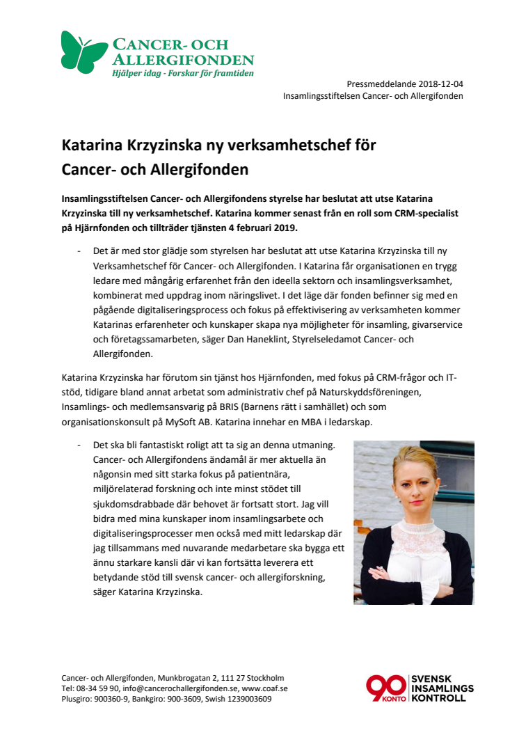 Katarina Krzyzinska ny verksamhetschef för Cancer- och Allergifonden