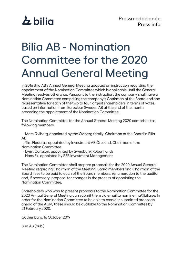 Bilia AB – Nomination Committee for the 2020 Annual General Meeting