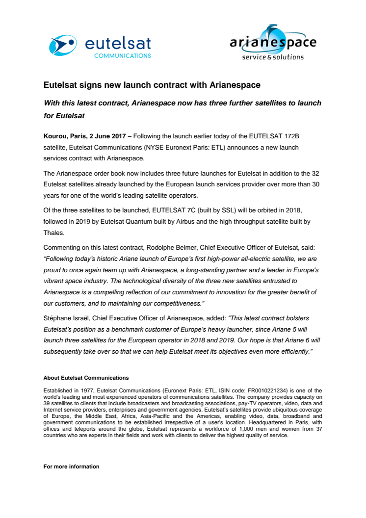 Eutelsat signs new launch contract with Arianespace