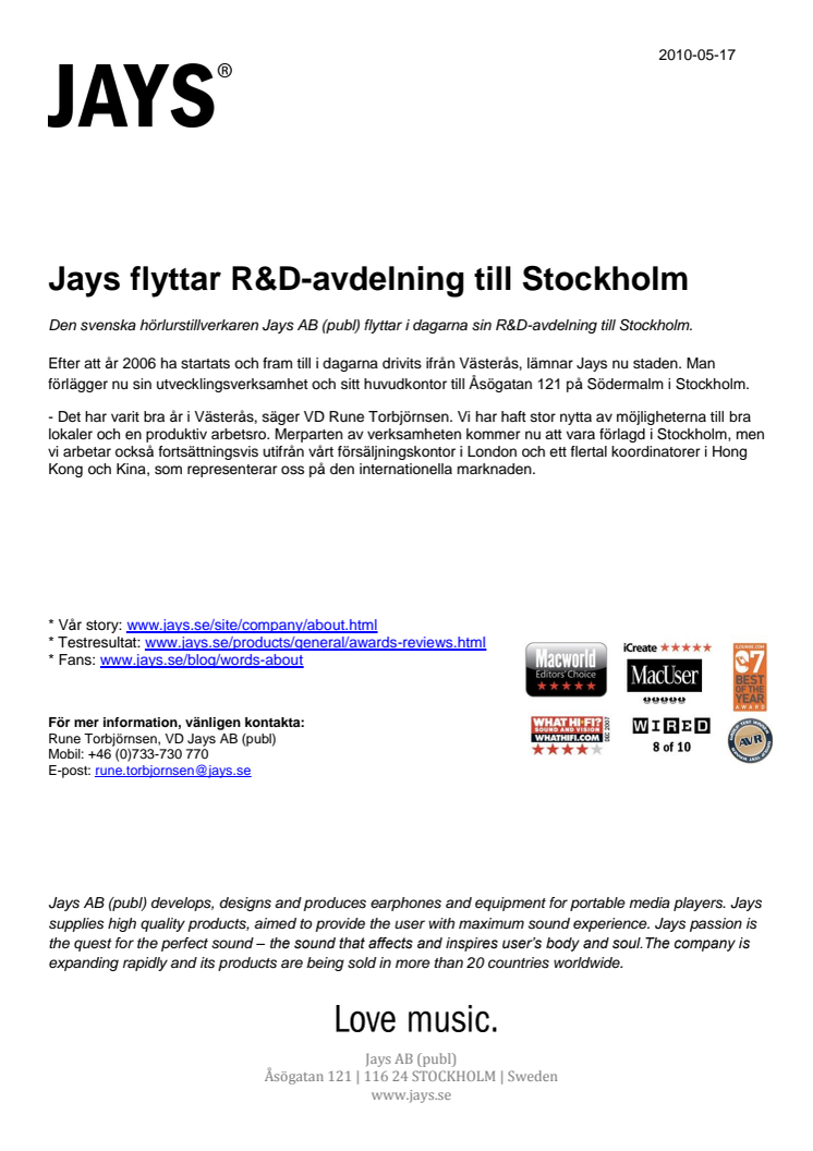 Jays flyttar R&D-avdelning till Stockholm