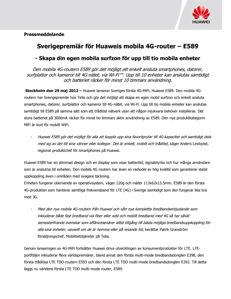 Sverigepremiär för Huaweis mobila 4G-router – E589