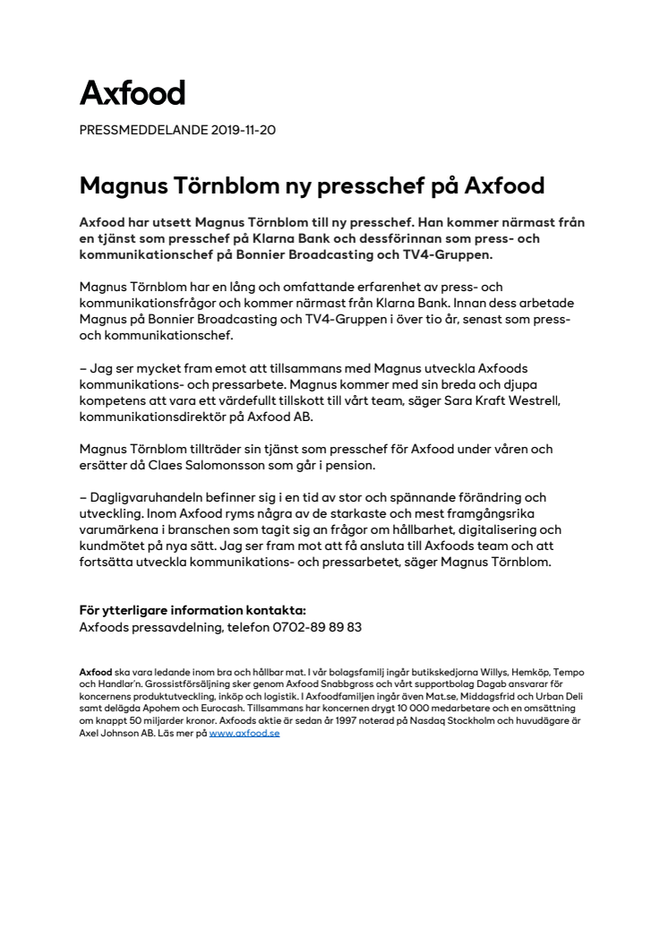 Magnus Törnblom ny presschef på Axfood