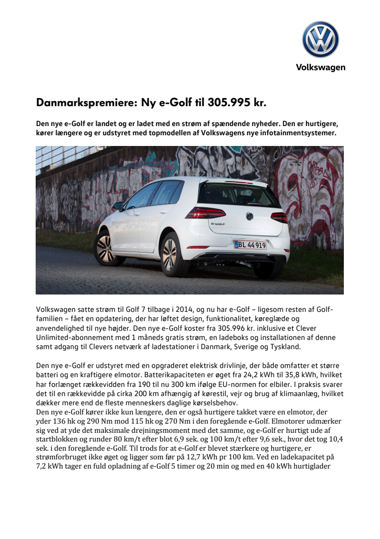 Danmarkspremiere: Ny e-Golf til 305.995 kr. 