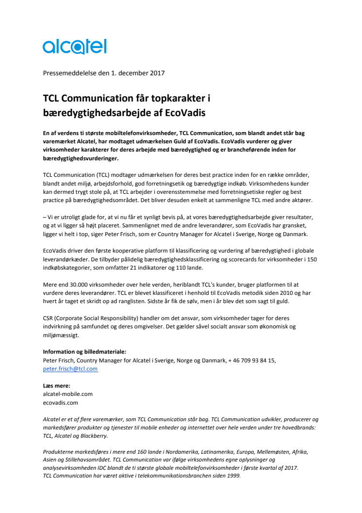 TCL Communication får topkarakter i bæredygtighedsarbejde af EcoVadis 