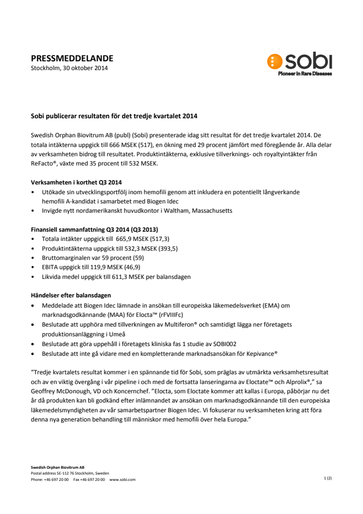 Sobi publicerar resultaten för det tredje kvartalet 2014