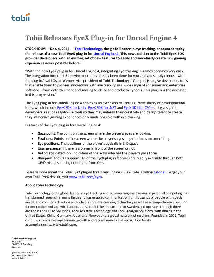 Tobii Releases EyeX Plug-in for Unreal Engine 4 