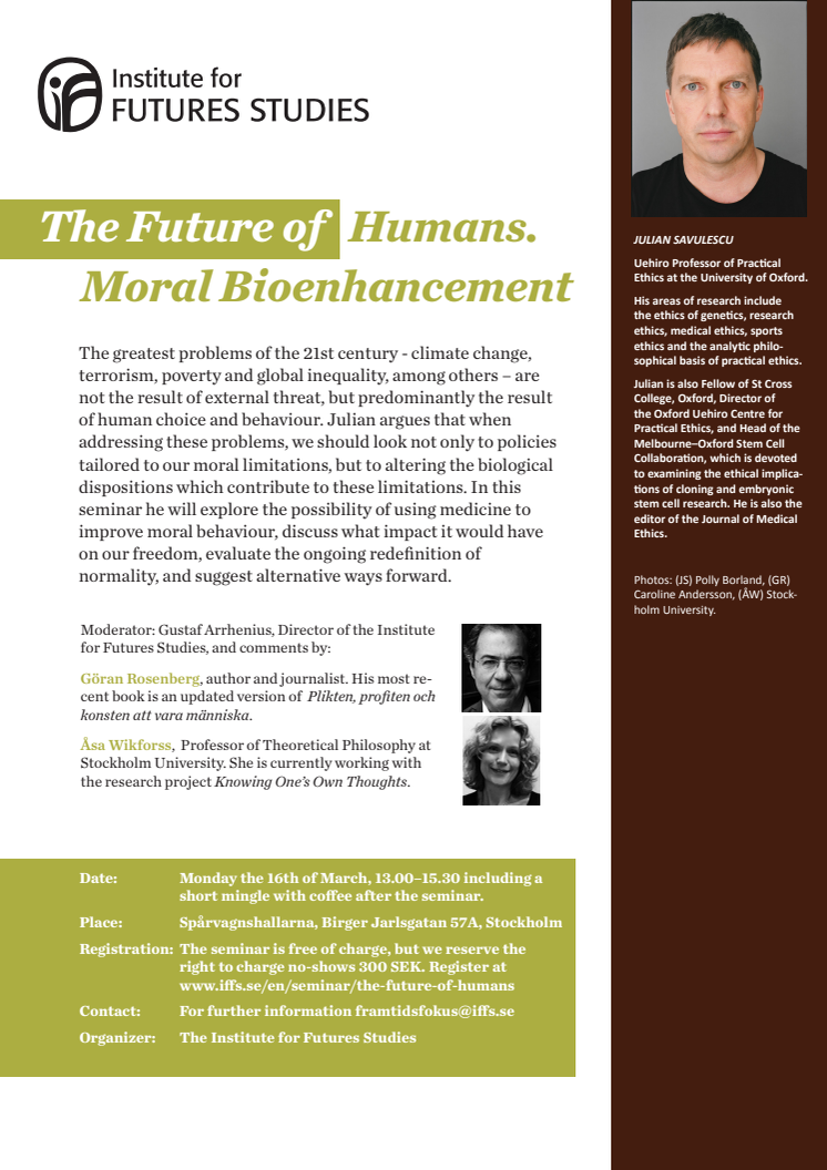 Inbjudan till The Future of Humans. Moral Bioenhancement