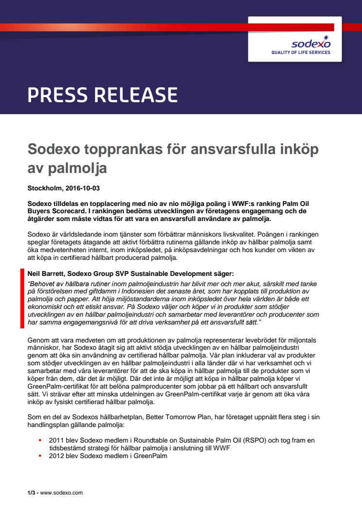 Sodexo topprankas för ansvarsfulla inköp av palmolja