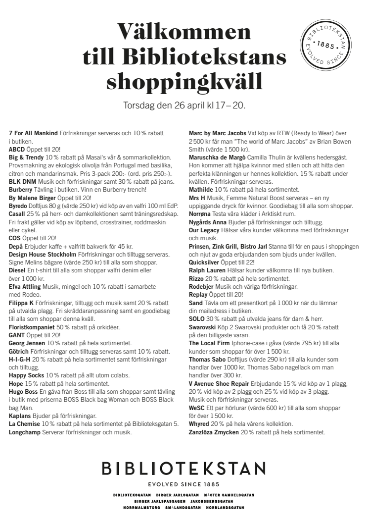 Programblad för shoppingkväll i Bibliotekstan 26 april kl. 17-20