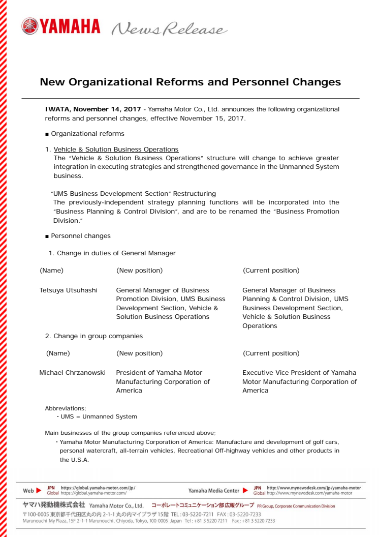 New Organizational Reforms and Personnel Changes