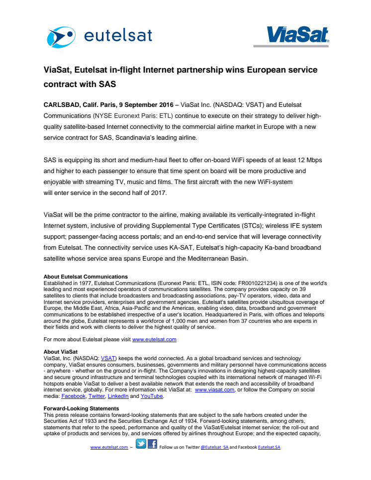 ViaSat, Eutelsat in-flight Internet partnership wins European service contract with SAS