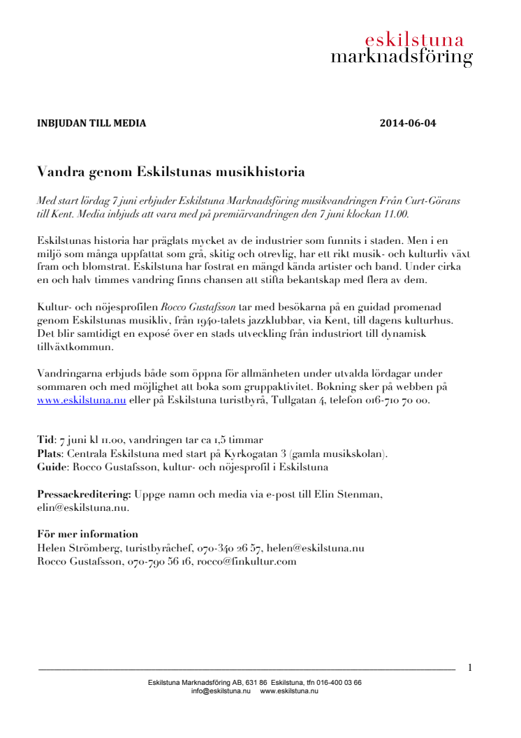 Media bjuds in till Musikvandring i Eskilstuna