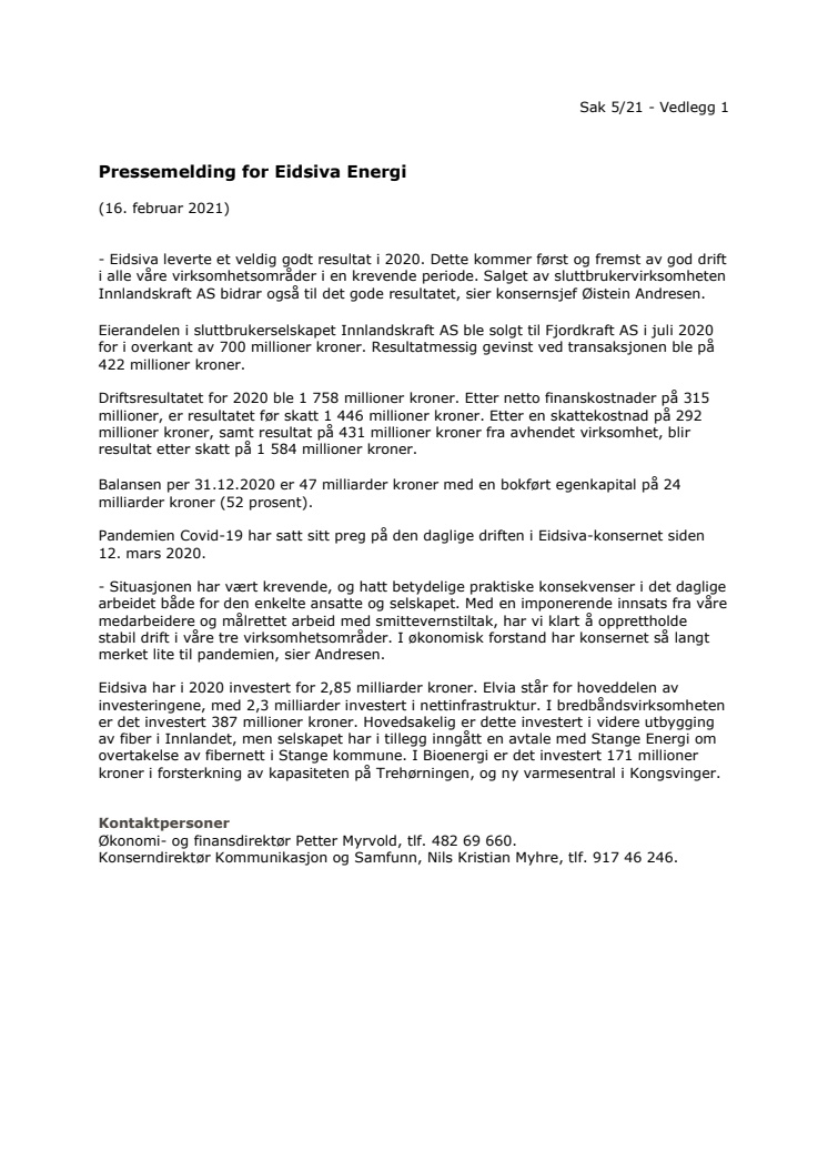 Pressemelding for Eidsiva Energi 