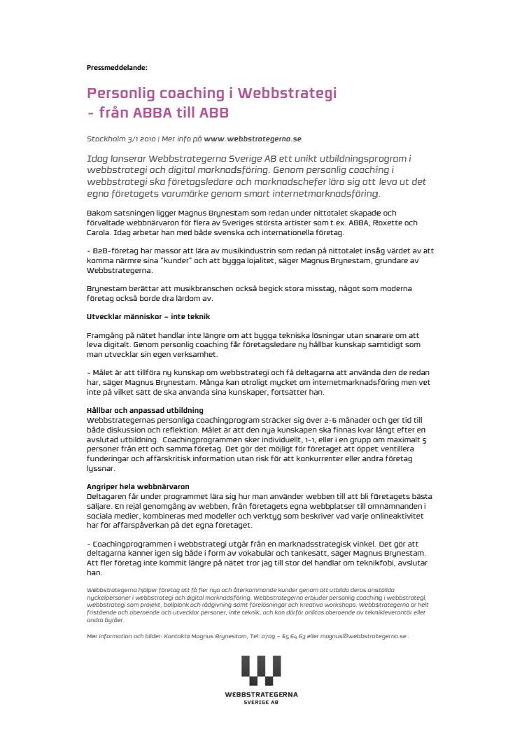 Personlig coaching i Webbstrategi - från ABBA till ABB