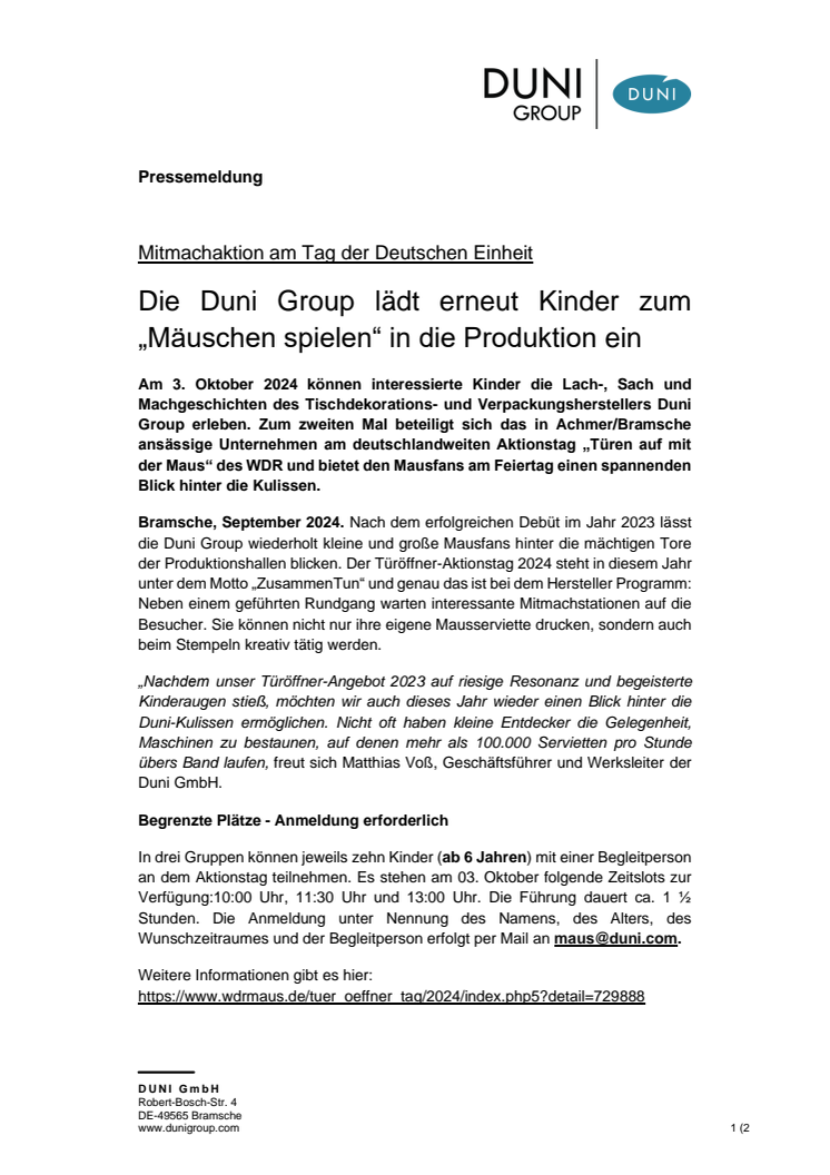 Pressemeldung Türen auf mit der Maus zum 2. Mal bei der Duni Group_final.pdf