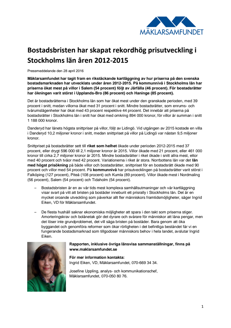 Bostadsbristen har skapat rekordhög prisutveckling i Stockholms län åren 2012-2015