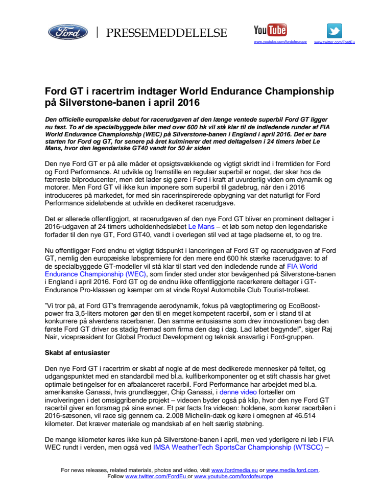 Ford GT i racertrim indtager World Endurance Championship på Silverstone-banen i april 2016