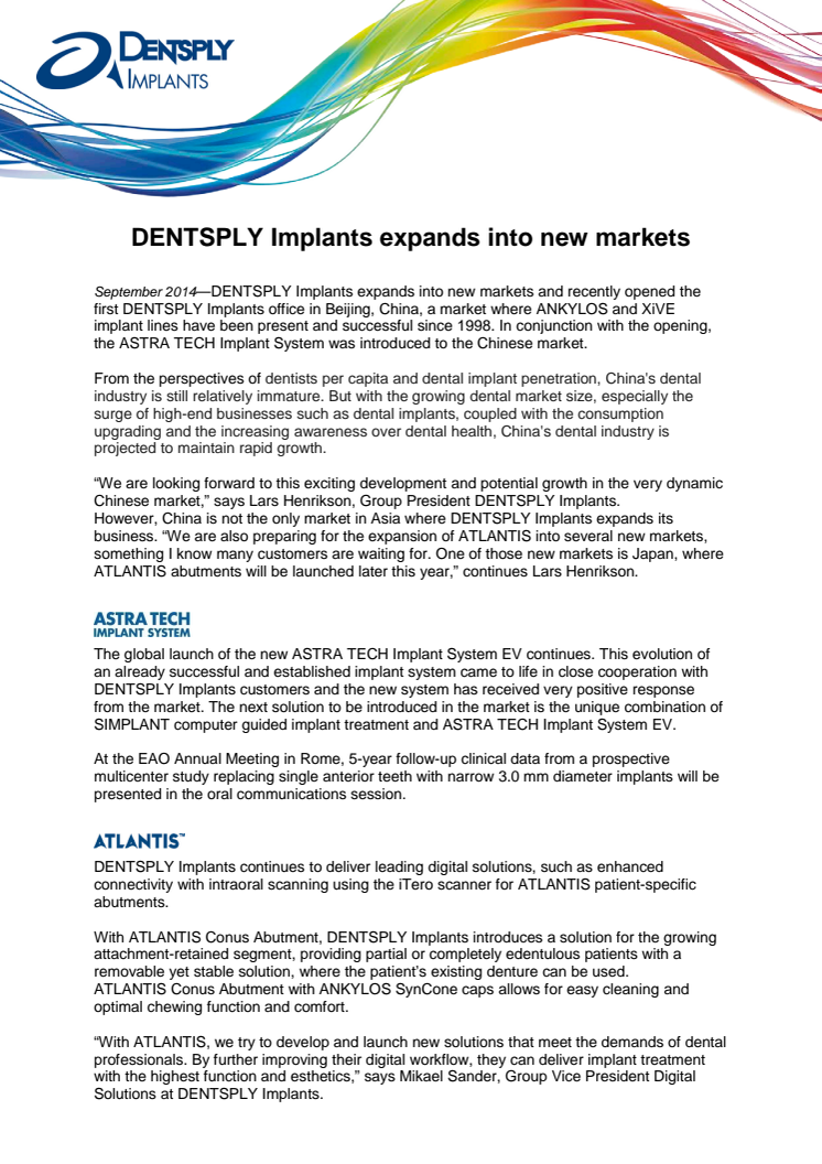 DENTSPLY Implants expands into new markets