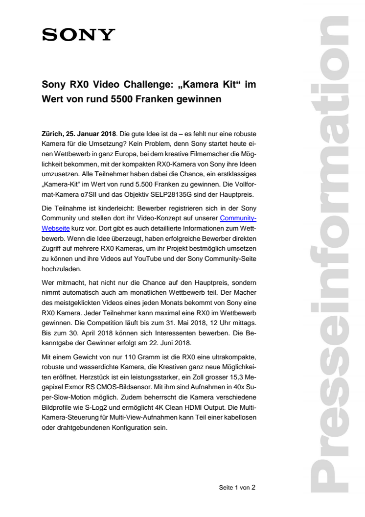 Sony RX0 Video Challenge: „Kamera Kit“ im Wert von rund 5500 Franken gewinnen