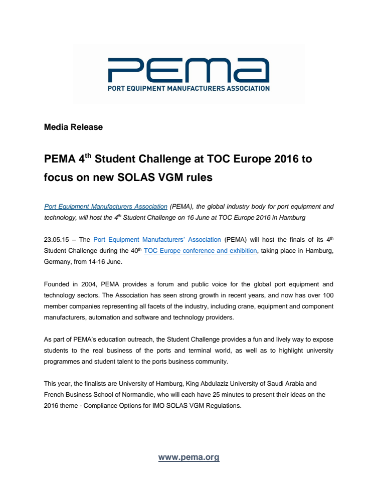 PEMA 4th Student Challenge at TOC Europe 2016 to focus on new SOLAS VGM rules