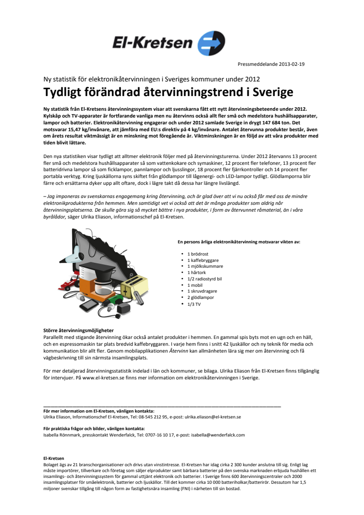 Ny statistik från El-Kretsen för elektronikåtervinningen i Sverige 2012 