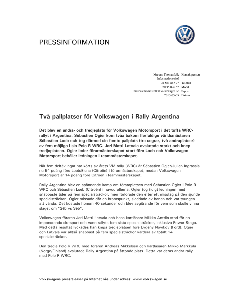 Två pallplatser för Volkswagen i Rally Argentina 