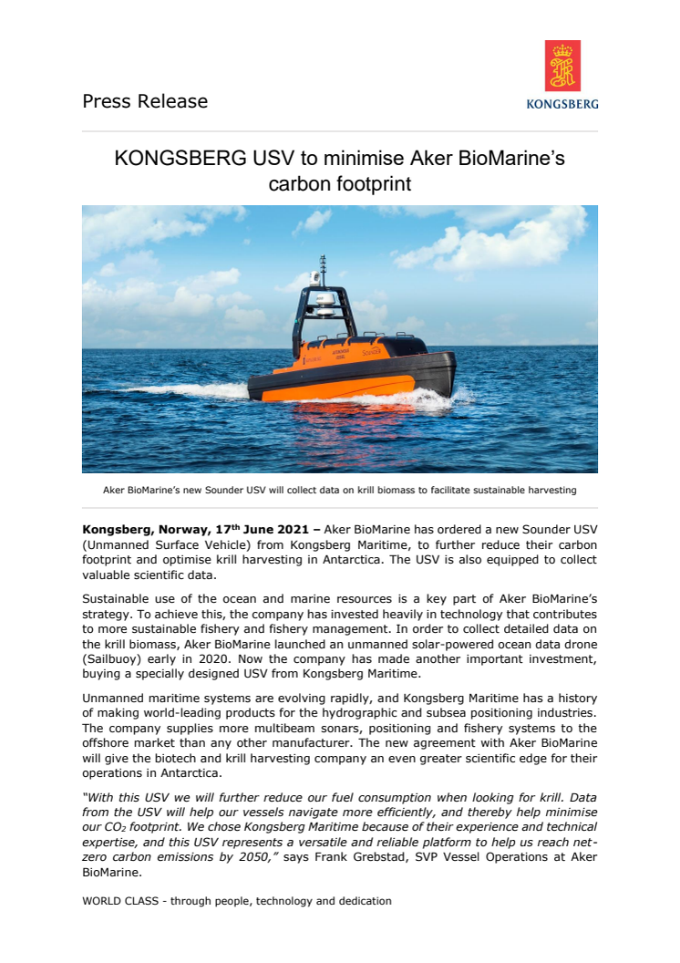 KONGSBERG USV to minimise Aker BioMarine’s carbon footprint