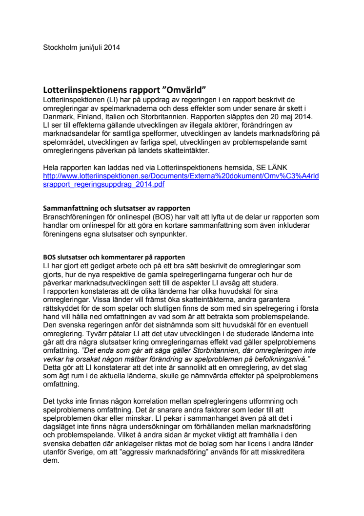 BOS kommenterar Lotteriinspektionens rapport "Omvärld"