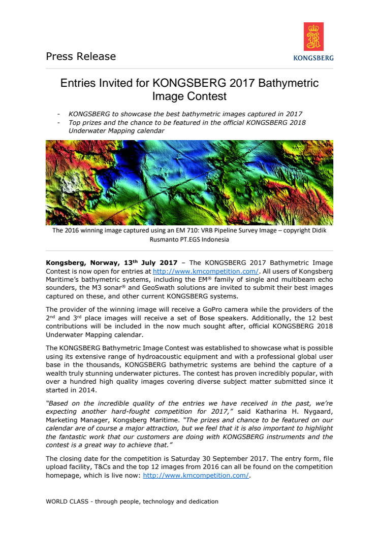 Kongsberg Maritime: Entries Invited for KONGSBERG 2017 Bathymetric Image Contest