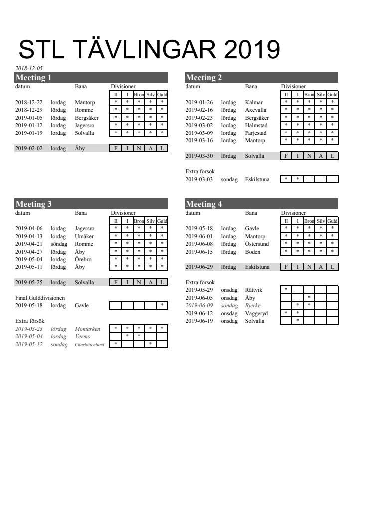 Tävlingsschema för STL 2019