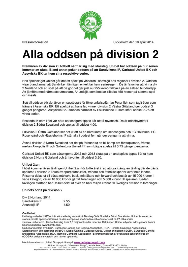 Alla oddsen på division 2