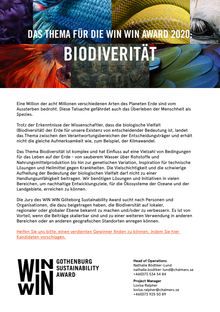 Das Thema für die Auszeichnung WIN WIN Award 2020 ist die Biodiversität